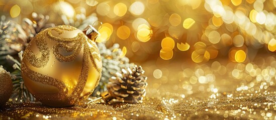 Poster - Christmas golden bauble and gift on a festive gold paper backdrop, close-up with room for text or graphics in the image. image with copy space