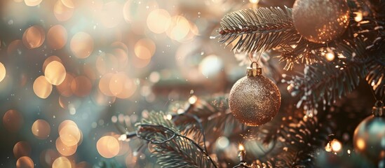 Poster - Blurry tree background enhances Christmas decoration with available copy space image.