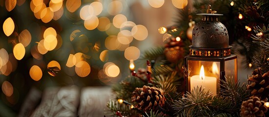 Poster - Festive interior with a candle and lantern nestled in a Christmas wreath, evoking Christmas and New Year spirit; ideal as a copy space image.