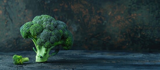 Poster - Broccoli displayed whole and in florets against a dark backdrop, with copy space image.