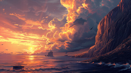 A beautiful sunset over the ocean with a boat in the water. The sky is filled with clouds and the sun is setting