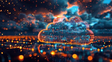 Wall Mural - A vibrant illustration of cloud computing technology with digital data visualization and glowing lights, representing modern tech and innovation.