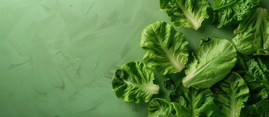 Poster - Flatlay showcasing a creative design with romaine leaves on a green backdrop, creating a healthy vegan food concept with organic nutrition. Copy space image included.