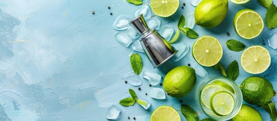 Poster - Colorful background with fresh lime, mint leaves, shaker, and a juicer; ideal for a copy space image.
