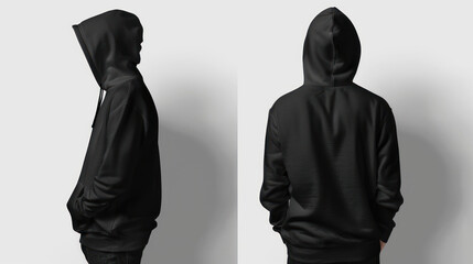 Wall Mural - Black hoodie for men with a zipper, shown from the front and back on a white background.