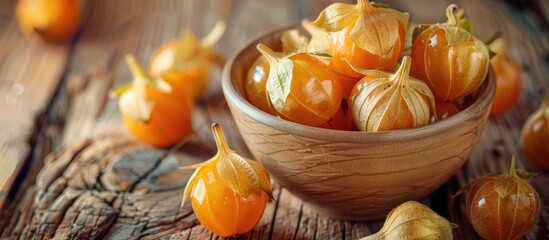 Poster - Close-up of physalis fruits with their calyxes in a bowl on a wooden table, creating a copy space image.