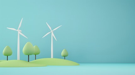 Minimalist illustration of wind turbines on a hill with trees, representing renewable energy and eco-friendly environment.