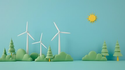 Minimalist paper art of wind turbines in a green landscape with trees and a sun on a bright blue background.