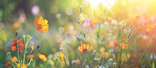 Aufkleber - Capture the close-up of wildflowers in a sunny summer meadow for a nature-themed design project, with a blurry background providing copy space image.