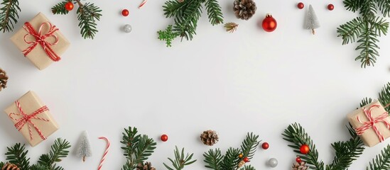 Poster - Festive Christmas arrangement featuring a gift box, miniature tree, DIY decorations, and branches on a white backdrop. Ideal for New Year home decor with a flat lay layout offering ample copy space