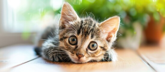 Poster - Close-up photo of a kitten on a table with a large banner featuring copy space image.