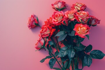 Poster - Vibrant bouquet of roses on pink background