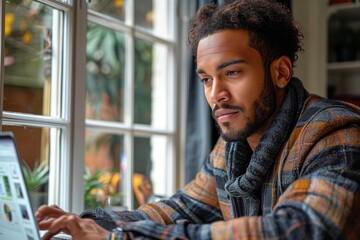Poster - man typing on laptop near window in plaid shirt