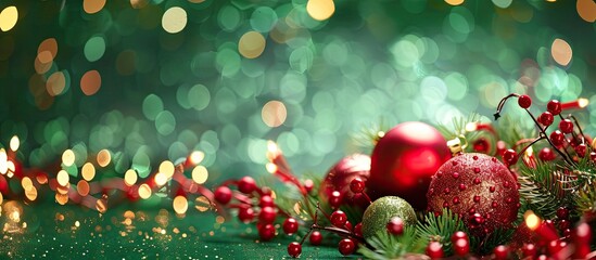 Poster - Festive holiday decorations on a green Christmas backdrop with New Year celebration theme and room for your design in the copy space image.