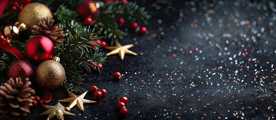 Poster - Black glitter background adorned with stylish Christmas decorations creates a festive Xmas banner with ample copy space image.