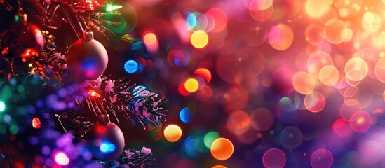 Poster - Blurry multicolored neon lights on a Christmas-themed background with copy space image.