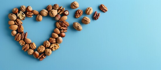 Poster - Blue copy space image featuring heart-shaped nuts for heart health.