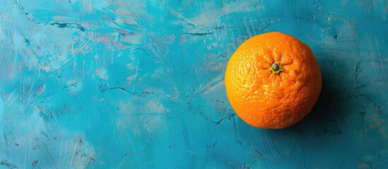Poster - Copy space image of a vibrant orange on a textured blue backdrop, embodying a creative summer concept with a minimalist pop art design showcasing citrus fruits.