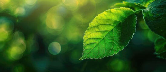 Wall Mural - Close-up nature view of a green leaf with blurred background for wallpaper, featuring gentle bokeh from green trees and plants around the leaf with copy space image.