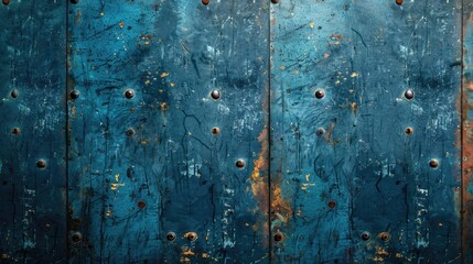 Poster - Weathered rustic blue metal plate with scratches and holes