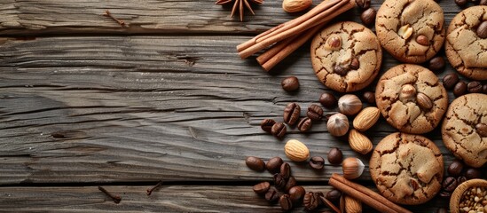 Poster - Flat lay view of cookies containing peanuts, cinnamon sticks, coffee beans, and nuts on a weathered wooden rustic backdrop with room for text in the image. image with copy space