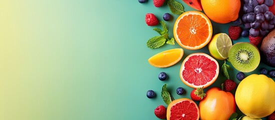 Poster - Assorted fresh fruits displayed on a colorful background with copy space image.