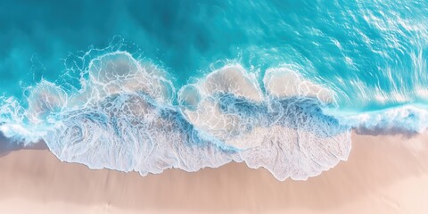 Spectacular aerial top view background photo of ocean sea water white wave splashing in the deep sea on blue shore sand background