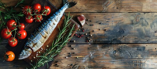 Poster - Flat lay arrangement of fresh mackerel, tomatoes, and rosemary on a wooden surface, allowing for adding text in the copy space image.