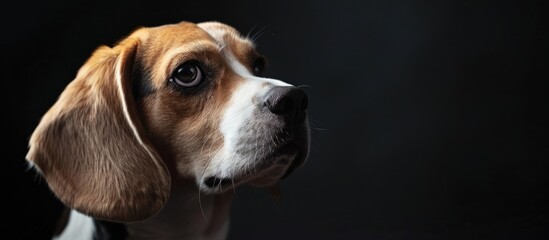 Poster - Beagle dog with expressive gaze in a studio setup against a black backdrop, ideal for a headshot portrait with a chic presentation for a copy space image.