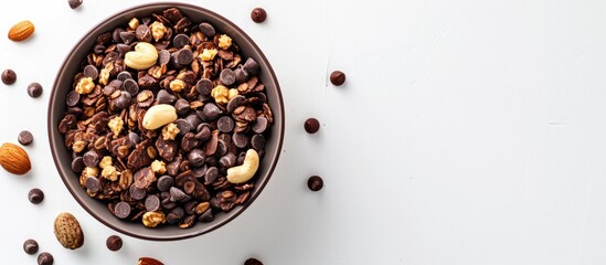 Poster - Bowl with chocolate granola cereal and nuts, set against a white backdrop with copy space image.