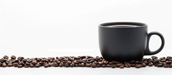 Poster - Coffee cup with black coffee sits against a backdrop of coffee beans in an arrangement of accessories in a copy space image.