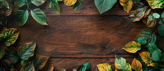 Poster - Copy space image featuring a frame with vivid green and yellow leaves on a wooden board background.