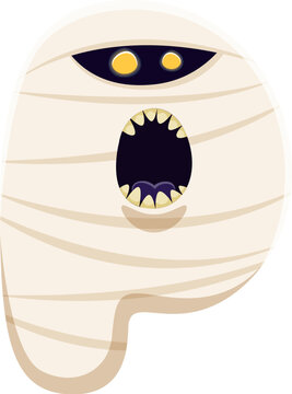 Halloween font, letter P cartoon mummy zombie or horror monster, vector alphabet type. Halloween font or kids spooky ABC, letter P in shape of funny monster mummy character for trick or treat type
