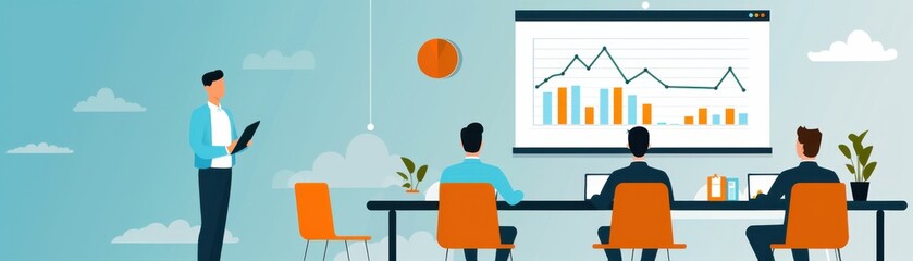 Wall Mural - Business presentation with colleagues discussing data charts in a modern office setting. Analysis and teamwork concept.