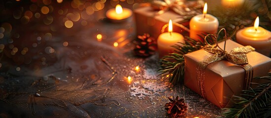 Poster - Festive gift boxes with candles on a background perfect for adding text on copy space image.
