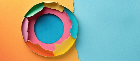Fototapete - Circular hole in colorful cardboard with a torn paper frame, providing copy space image against textured background.
