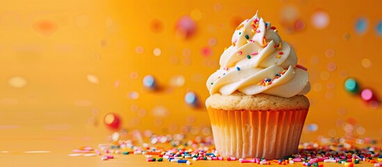 Poster - Delicious cupcake with birthday theme on orange backdrop with copy space image.