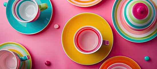 Poster - Colorful plates and mugs with a striped design on a pink background, providing a vibrant and eye-catching copy space image.