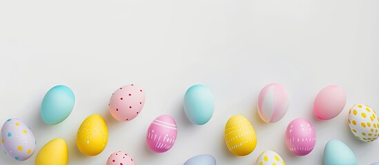 Poster - Colorful Easter decorations with pastel eggs arranged on a white background viewed from the top perspective, suitable for various designs like labels, cards, banners, or price tags, with copy space
