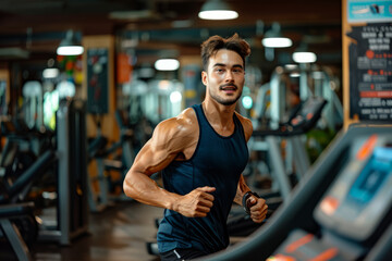 Poster - Muscular Man Running on Treadmill in Gym