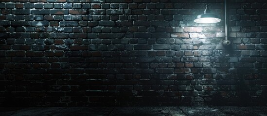 Fototapete - Dark urban underground setting with a brick wall under a lamp light, ideal as a copy space image.