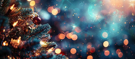 Poster - Blurred bokeh lights from a Christmas tree on a dark background create an abstract festive backdrop with ample copy space image for text.