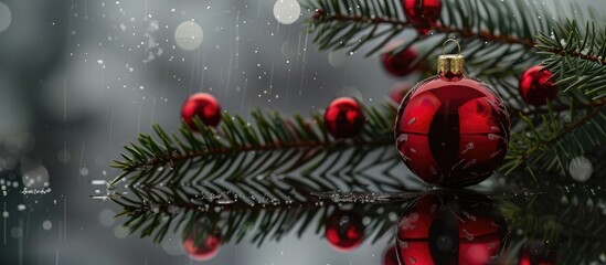 Poster - Close-up image of a red Christmas tree ornament, red balls, and green fir on a snowy black background with a reflection, providing copy space.