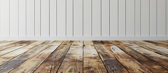 Poster - An interior room with an empty space, featuring a white wall with wooden planks in the foreground, showcasing the floor from a unique perspective, creating a rustic background for a copy space image.