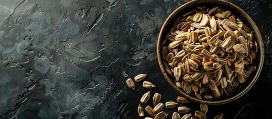 Poster - Close-up copy space image of sunflower seeds in a bowl against a dark backdrop.