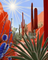 landscape cacti sun and desert in colorful illustration style. Landscape with cacti and succulents against the backdrop of desert hills and blue sky.