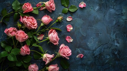 Canvas Print - Top view of pink roses on a dark background with copy space