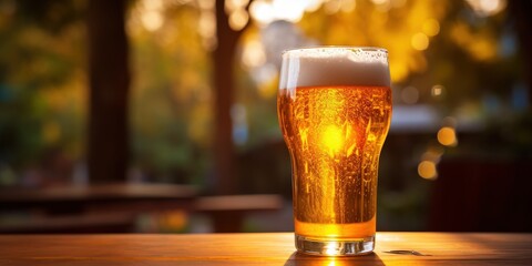 Canvas Print - A glass of beer on a wooden table with a blurred background