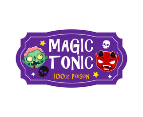 Wall Mural - Halloween holiday potion label with monsters faces. Halloween celebration drink or beverage sticker, October horror party brewery label or vector tag with zombie and hell devil funny characters faces