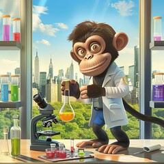 Poster - Chimpanzee scientist conducting colorful chemical experiments in modern laboratory